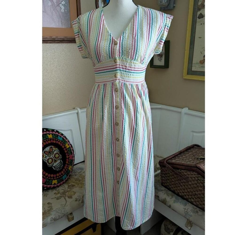 LOFT Petites Colorful Vertical Striped Plisse Cotton Short Sleeve Button Midi